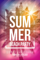 Summer beach party vector flyer template with palm and frame - obrazy, fototapety, plakaty
