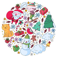 Christmas pattern with little children. Santa Claus and snowman. Ski, sledge, ice skating.