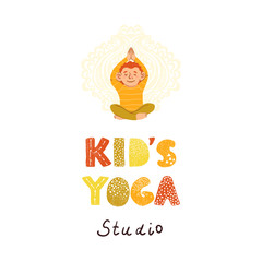 Vector colorful kids yoga studio logo with illustration of little boy doing yoga isolated on white background