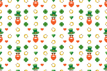 Seamless pattern for Patrick's day with stylish print. Hat, beard, mustache, clover leaves, horseshoe for luck. Colored elements isolated on white background. For holiday design, print and more
