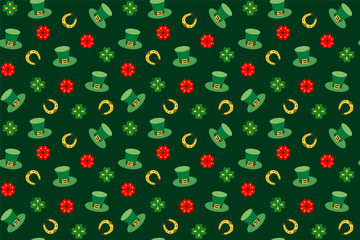 Seamless pattern for Patrick's day with stylish print. Hat, clover leaves, horseshoe for luck. Colored elements isolated on green background.For holiday design, collages, print greeting cards and more
