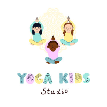 Vector Colorful Kids Yoga Studio Logo With Illustration Of Little Children Doing Yoga Isolated On White Background