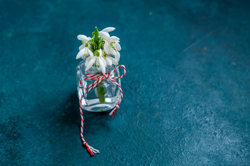 Fresh beautiful bouquet of the first spring forest snowdrops  flowers with red and white cord martisor - traditional symbol of the first spring day on classic blue background