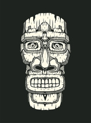 Hawaiian tiki statue mask. White shape on a black background, hand drawn design element. vector illustration