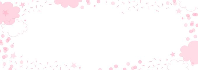 Pink linear and flat transparent overlaying cloud shape with dash round confetti star vector horizontal banner background. Festal baby girl birthday party abstract backdrop. Pastel dream rose girlish