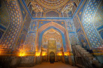 The interior of the mosque in the Tilla-Kari Madrasah on the Registan square, Samarkand, Uzbekistan