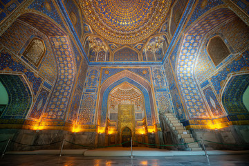 The interior of the mosque in the Tilla-Kari Madrasah on the Registan square, Samarkand, Uzbekistan