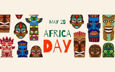 Africa day and African ethnic tribal masks on white background, vector illustration. Flat cartoon african masks for 25 of may. Ritual african ethno symbols. Colorful zulu totem afro faces banner.