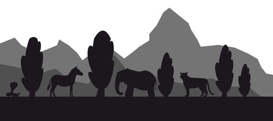 African safari animal silhouette landscape including elephants, giraffes, tiger and cobra, vector illustration. Black and white banner or poster of Africa savanna with animals and trees.