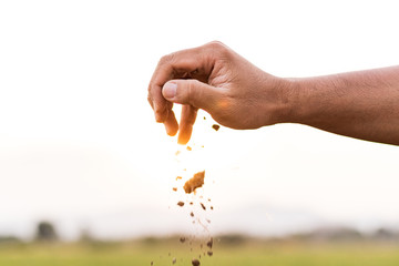 The hand of the person holding the soil is dry due to drought.