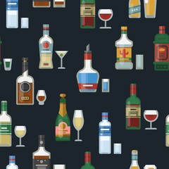 Alcohol bottles and glasses seamless vector pattern background. Strong alcohol, whisky, vodka and tequilla illustration. Drink bar or restaurant party menu design.