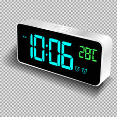 Electronic clock, alarm clock with luminous numbers. Isolated vector object on a transparent background.