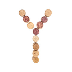The letter "Y" is made of wine corks. Isolated on white background