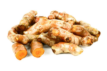 Turmeric root (Curcuma longa), indian spice, Turmeric rhizome isolated on white background. Herb plant is nutrition for protecting cancer.