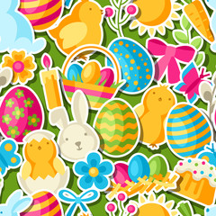 Happy Easter seamless pattern with holiday stickers.