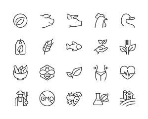 Healthy food related minimal thin line icon set