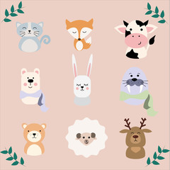 Obraz premium Postcard. Cute animals on a delicate background. Ideal for cards, stickers, posters for the holidays. Vector illustration