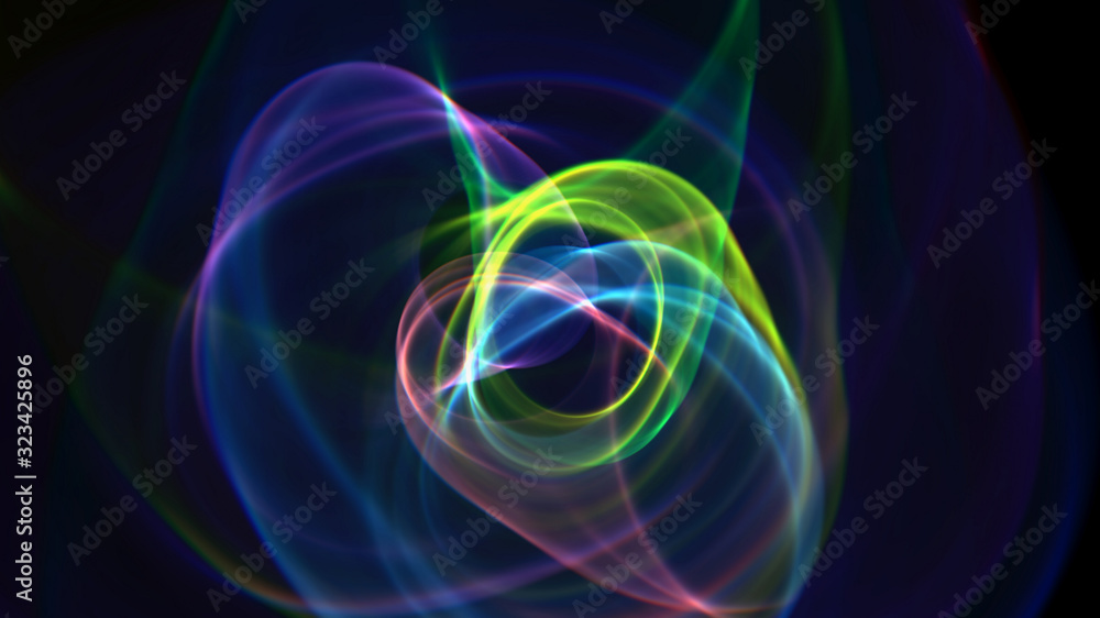 Poster abstract image neon swirling light rays multicolored on a dark background, 3d rendering