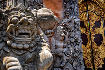 stone lion and monkey statue in the temple