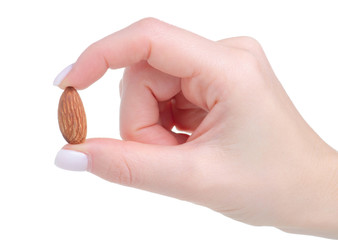 Almond nut in hand healthy food on white background isolation