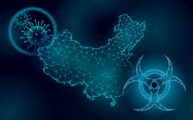 China Republic country 3D map. Infection pneumonia hazard symbol. 3D low poly. International design PRC blue dark glowing silhouette. Against virus epidemic vector illustration