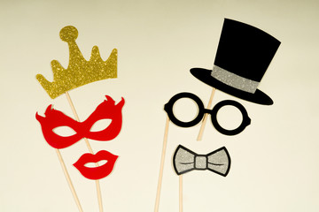 Party, love and wedding concept. Artificial props woman and man.