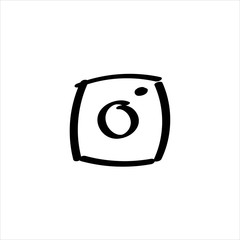 Icon sign with camera for Social pages section. Black hand draw doodle sketch can be used in greeting cards, posters, flyers, banners, logos, web design, CV etc. Vector illustration. EPS10