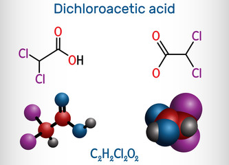 Dichloroacetic acid DCA, bichloroacetic acid BCA, C2H2Cl2O2 molecule. Structural chemical formula and molecule model