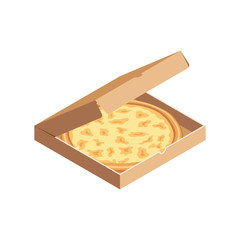 Tasty pizza four cheese in opened box isometric view isolated on white background. 3d flat traditional italian fast food icon. Vector illustration for web, advert, menu