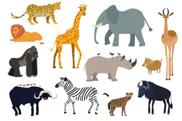 Afrikaanse dieren, set van geïsoleerde stripfiguren olifant, giraf en neushoorn, vectorillustratie. Wildlife dier van Afrika, exotische safari reizen. Leeuw, zebra, gorilla, antilope en hyena geïsoleerd