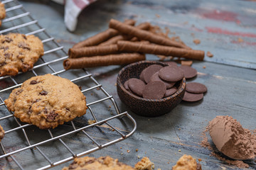 Chocolate cookies, on rustic wood next to cocoa in different forms