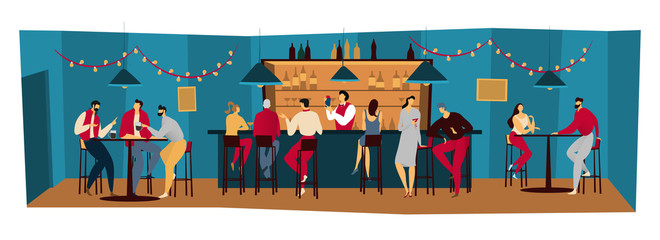 People bar, friends meet in pub night restaurant, men and women drink alcohol, vector illustration. Group of people relax in bar after work, friday evening in restaurant. Bartender in night pub - obrazy, fototapety, plakaty