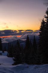 Winter landscape in the higest Carpahian mountains near Yaremche in the sunset