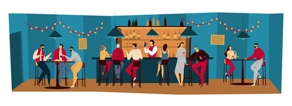 People bar, friends meet in pub night restaurant, men and women drink alcohol, vector illustration. Group of people relax in bar after work, friday evening in restaurant. Bartender in night pub
