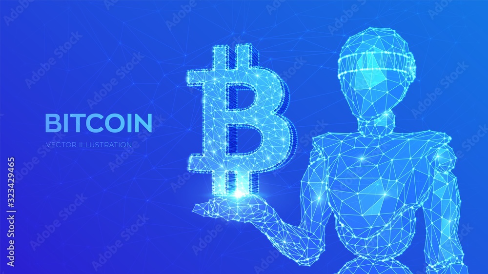Poster bitcoin. low poly abstract mesh line and point bitcoin sign. crypto currency, virtual electronic, in
