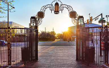 Romantic sunset seen from gate in Broad Street in Philadelphia