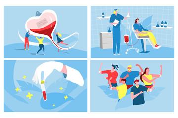 People donate blood to medical center, healthcare clinic charity, vector illustration. Blood donor concept, volunteers men and women cartoon characters. Medical hospital donation, people save life