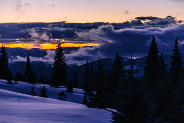 Winter landscape in the higest Carpahian mountains near Yaremche in the sunset