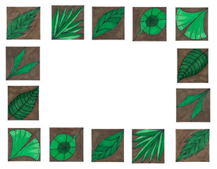 A frame of drawings of different leaves on a white isolated background. 
