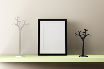 Blank black picture frame on the wall  with decoration. 3d render.
