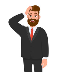 Confused young business man in formal wear scratching his head. Unhappy man in puzzled expression. Male character design illustration. Human emotions concept in vector cartoon style.