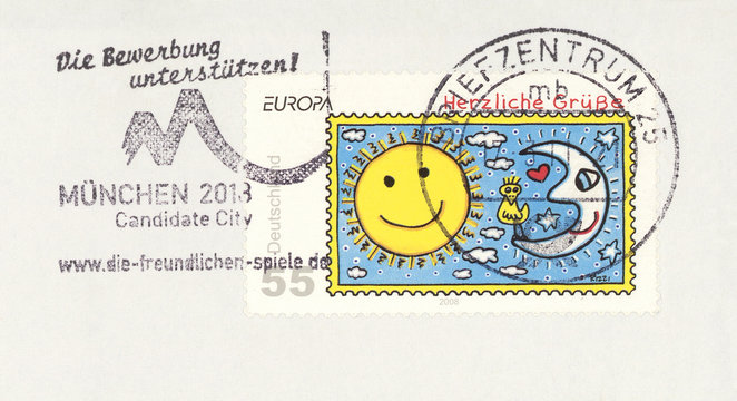 Briefmarke stamp Deutschland Germany gestempelt used frankiert Rizzi Sonne Mond Vogel sun moon bird Herzliche Grüße Kunst art Herz heart Wolken clouds Slogan Werbung München 2018 Candidate City