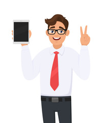 Young businessman in formal wear showing digital tablet computer & making victory, V, peace or two gesture sign. Person holding latest tab device. Male character design illustration in vector cartoon.