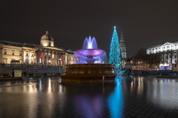 Trafalgar square in London at night