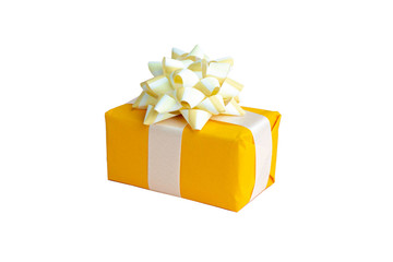Yellow gift box on white isolated  background. 