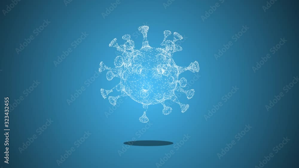 Poster animation of virus or cell with depth of field translucent geometric structure floating over blue ba
