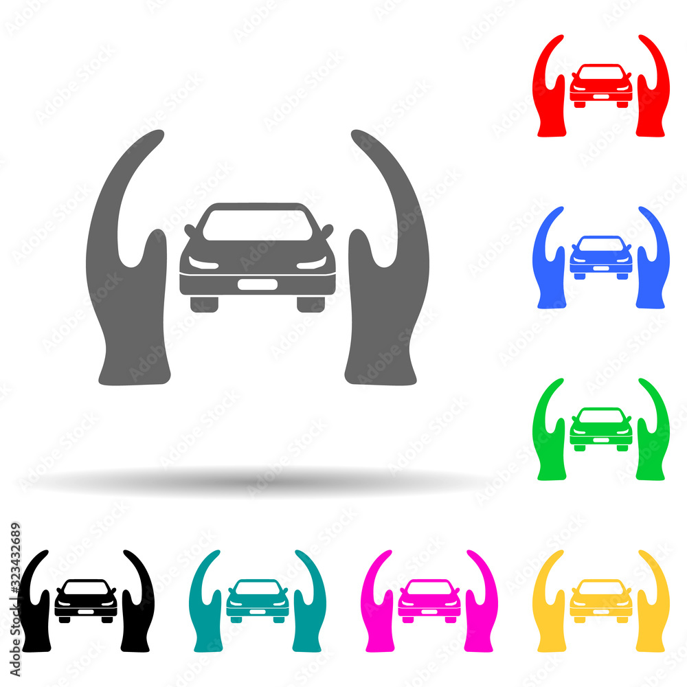 Poster hands guard car multi color style icon. simple glyph, flat vector of insurance icons for ui and ux, 