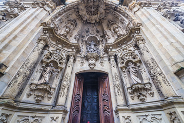 Close up on a portal of St Mary of Chorus Roman Catholic basilica in historic part of San Sebastian...