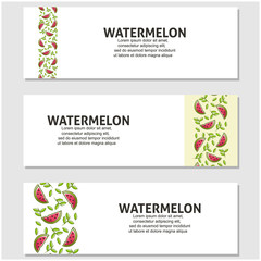 Watermelon fruit flat illustration with leaves vector banner background set of 3. Scalable and editable. Vector design for banner, background, card, landing page, brochure, flyer, cover
