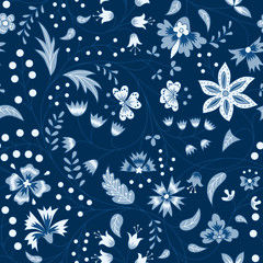 Chintz seamless pattern. Blue floral background. Indian Fabric with blue flowers